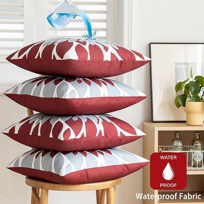 Qahing Pack of 4 Outdoor Waterproof Pillow Covers 16x16 Decorative Outdoor Throw Pillows Garden Square Cushion Cases for Patio Furniture, Couch, Tent Sunbrella, Bench, Burgundy Red Grey