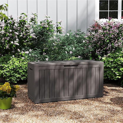 80 Gallon Coffee Resin Deck Box - Rustic Outdoor Storage for Garden Tools, Patio Essentials & Package Delivery - Weatherproof, Lockable for Farmhouse Decks