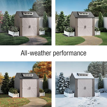 Rubbermaid Large Resin Outdoor Storage Shed With Floor (7 x 7 Ft.), Weather Resistant, Brown, Organization for Home/Lawn Mower/Backyard Equipment/Bike Storage/Pool Supplies