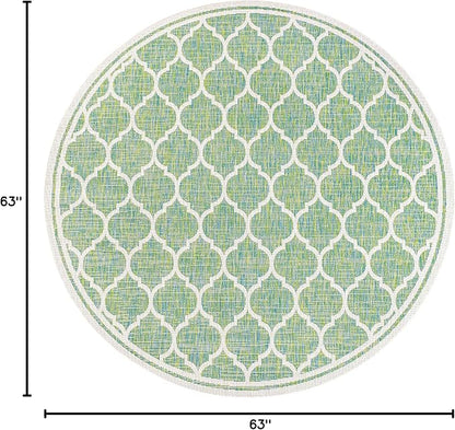 Eyely BMS109I-5R Santa Monica Trebol Moroccan Trellis Textured Weave Indoor/Outdoor Area Rug Coastal;Bohemian, Bedroom, Backyard, Patio, Easy-Cleaning, Non-Shedding, 5' Round, Cream/Green