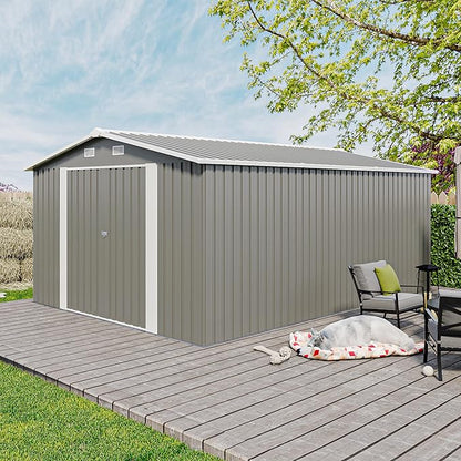 10x14 FT Outdoor Storage Shed, Large Metal Garden Shed with Side Door, Outside Tool Sheds with 3 Lockable Hinged Doors, Waterproof Storage Building with 4 Air Vents for Backyard, Patio, Light Gray