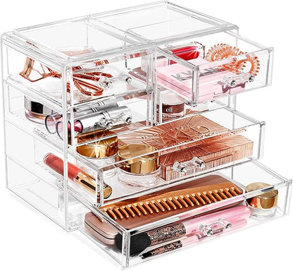 Sorbus Clear Makeup Organizer Display - Stylish Organization and Storage Case for Cosmetics, Jewelry & Hair Accessories - Space Saving Makeup Organizer for Vanity & Bathroom (2 Large, 4 Small Drawers)