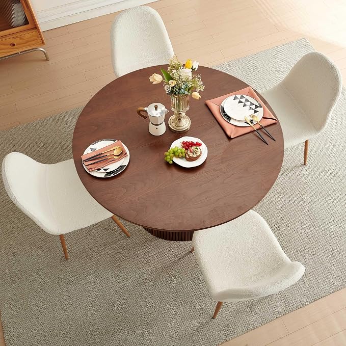Dining Table Set for 4, Mid Century Modern 47 Inch Wooden Round Dining Table Set, Space Saving (Table + 4 White Chairs)