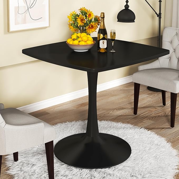 Recaceik Square Dining Table for 2-4 Person, 32 Inches Tulip Kitchen Table with Pedestal Base for Kitchen & Dining Room, Mid-Century Modern in Tulip w/0.71" Thickened Desktop, Black