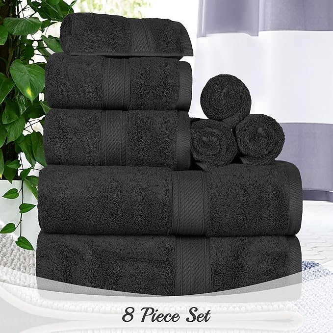 Superior Egyptian Cotton Pile 8 Piece Towel Set, Includes 2 Bath, 2 Hand, 4 Face Towels/Washcloths, Ultra Soft Luxury Towels, Thick Plush Essentials, Guest Bath, Spa, Hotel Bathroom, Black