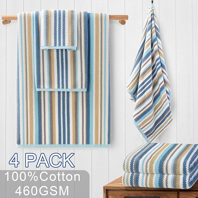 Striped Bath Towels Set (4PC, 28"x52") - 100% Cotton | Quick Dry | Soft | Absorbent, Luxury Bath Towels with Hanging loops, Light Weight Towels for Showering & Bathroom, Blue + Gray + Beige Stripes