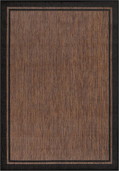CAMILSON Indoor Outdoor Rug, 10x14 Bordered Nut Brown Black Modern Area Rugs for Indoor and Outdoor Patios, Kitchen and Hallway Mats, Washable Porch Deck Outside Carpet (Border Nut Brown Black 10 x14)