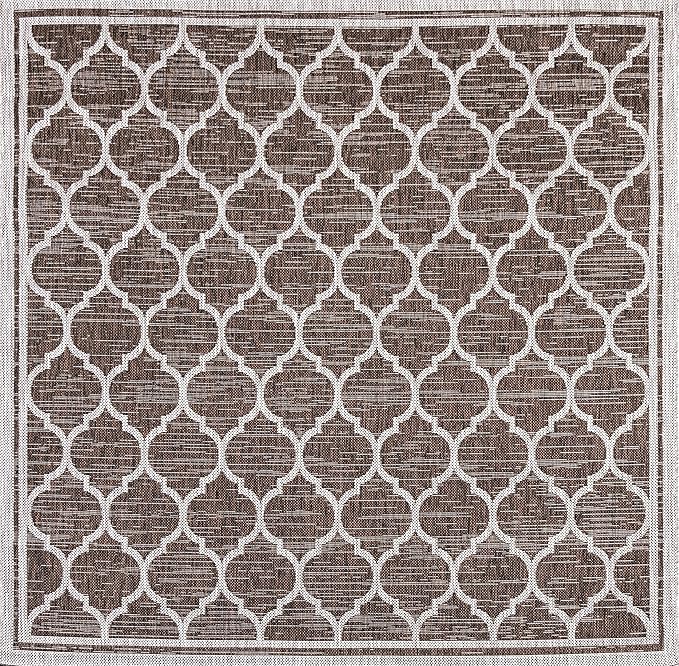 Eyely BMS109B-6SQ Santa Monica Trebol Moroccan Trellis Textured Weave, Pet Friendly, Non-Shedding, Stain Resistant, Easy-Cleaning, Espresso/Taupe, 6' Square, Indoor/Outdoor, Area Rug