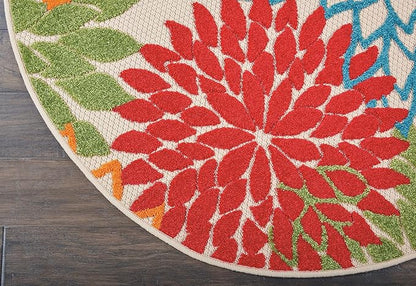 Nourison Aloha Indoor/Outdoor Green 5'3'' x Round Area-Rug, Tropical, Botanical, Easy-Cleaning, Non Shedding, Bed Room, Living Room, Dining Room, Deck, Backyard, Patio (5 Round)
