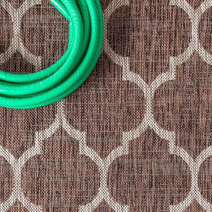 Eyely BMS109B-214 Santa Monica Trebol Moroccan Trellis Textured Weave, Pet Friendly, Non-Shedding, Stain Resistant, Easy-Cleaning, Espresso/Taupe, 2 ft. x 14 ft., Indoor/Outdoor, Runner Rug