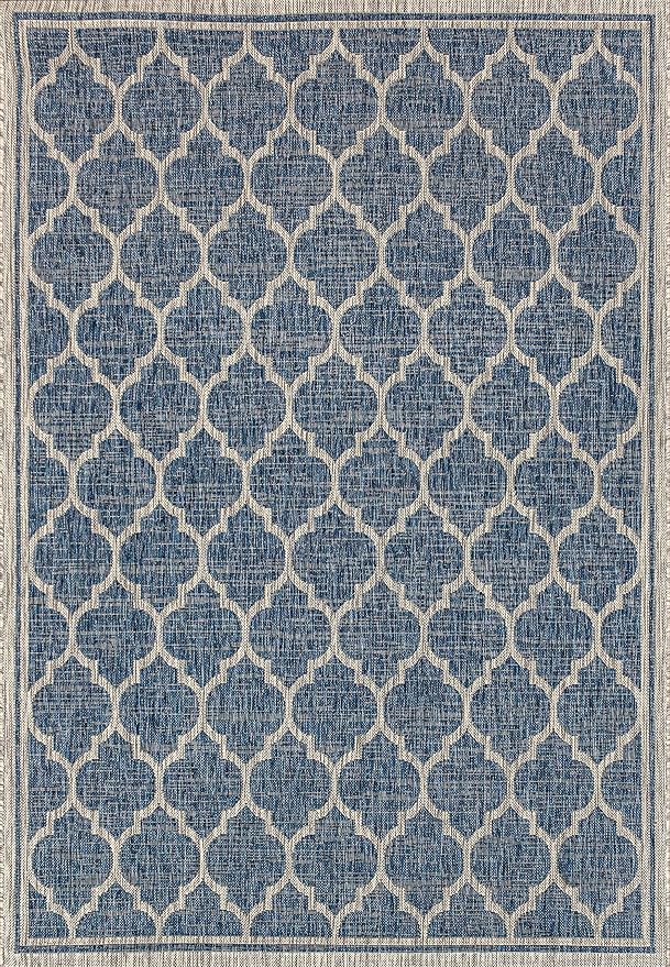 Eyely BMS109D-4 Santa Monica Trebol Moroccan Trellis Textured Weave Indoor/Outdoor Area Rug Coastal;Bohemian, Bedroom, Backyard, Patio, Easy-Cleaning, Non-Shedding, 4 X 6, Navy/Gray