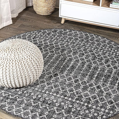 JONATHAN Y SMB108F-3R Ourika Moroccan Geometric Textured Weave Black/Gray 3' Round Indoor/Outdoor Area Rug, Pet Friendly, Non-Shedding, Stain Resistant, Easy-Cleaning for Backyard, Patio, Porch