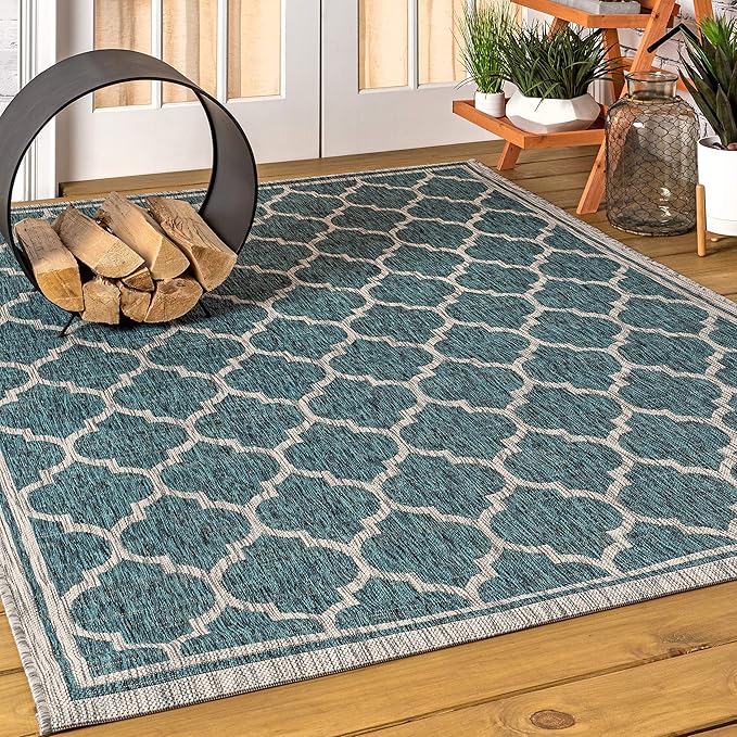 Eyely BMS109E-4 Santa Monica Trebol Moroccan Trellis Textured Weave Indoor/Outdoor Area Rug Coastal;Bohemian, Bedroom, Backyard, Patio, Easy-Cleaning, Non-Shedding, 4 X 6, Teal/Gray
