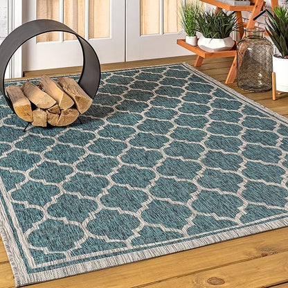 Eyely BMS109E-4 Santa Monica Trebol Moroccan Trellis Textured Weave Indoor/Outdoor Area Rug Coastal;Bohemian, Bedroom, Backyard, Patio, Easy-Cleaning, Non-Shedding, 4 X 6, Teal/Gray