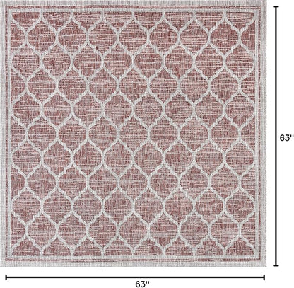 Eyely BMS109C-5SQ Santa Monica Trebol Moroccan Trellis Textured Weave Indoor/Outdoor Area Rug Coastal;Bohemian, Bedroom, Backyard, Patio, Easy-Cleaning, Non-Shedding, 5' Square, Red/Beige