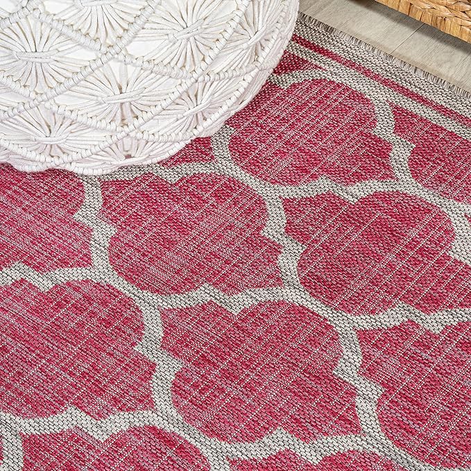 Eyely BMS109H-28 Santa Monica Trebol Moroccan Trellis Textured Weave Indoor/Outdoor Runner Rug Coastal;Bohemian, Bedroom, Backyard, Patio, Easy-Cleaning, Non-Shedding, 2 X 8, Fuchsia/Light Gray