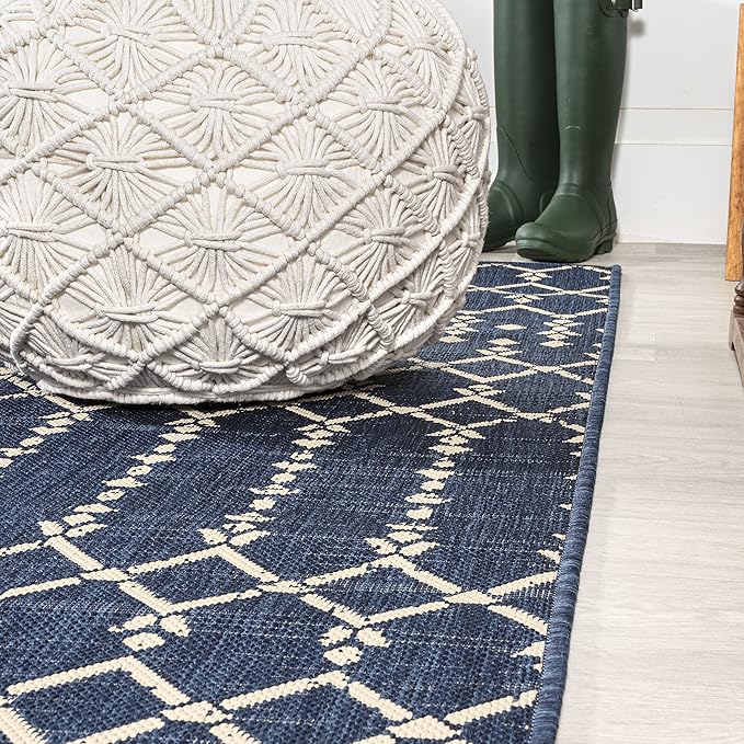 JONATHAN Y SMB108K-9R Ourika Moroccan Geometric Textured Weave Navy/Beige 9' Round Indoor/Outdoor Area Rug, Pet Friendly, Non-Shedding, Stain Resistant, Easy-Cleaning for Backyard, Patio, Porch