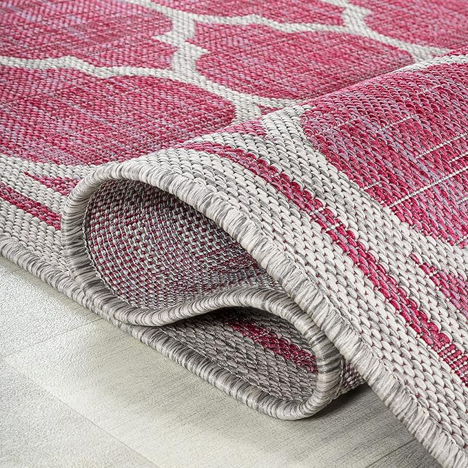 Eyely BMS109H-5SQ Santa Monica Trebol Moroccan Trellis Textured Weave Indoor/Outdoor Area Rug Coastal;Bohemian, Bedroom, Backyard, Patio, Easy-Cleaning, Non-Shedding, 5' Square, Fuchsia/Light Gray
