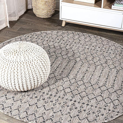JONATHAN Y SMB108E-6R Ourika Moroccan Geometric Textured Weave Indoor/Outdoor Area Rug, Bohemian, Scandinavian for Bedroom, Kitchen, Living Room, Easy-Cleaning, Light Gray/Black, 6' Round