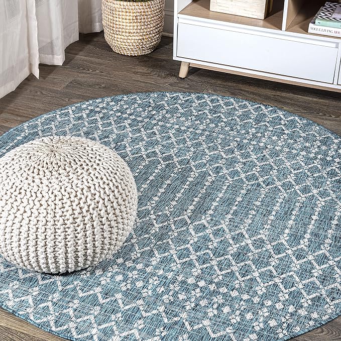 JONATHAN Y SMB108C-6R Ourika Moroccan Geometric Textured Weave Teal/Gray 6' Round Indoor/Outdoor Area Rug, Pet Friendly, Non-Shedding, Stain Resistant, Easy-Cleaning for Backyard, Patio, Porch