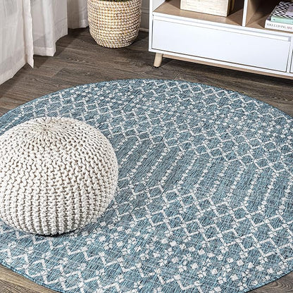 JONATHAN Y SMB108C-6R Ourika Moroccan Geometric Textured Weave Teal/Gray 6' Round Indoor/Outdoor Area Rug, Pet Friendly, Non-Shedding, Stain Resistant, Easy-Cleaning for Backyard, Patio, Porch