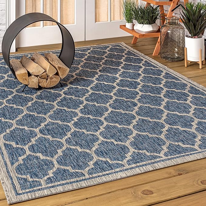 Eyely BMS109D-4 Santa Monica Trebol Moroccan Trellis Textured Weave Indoor/Outdoor Area Rug Coastal;Bohemian, Bedroom, Backyard, Patio, Easy-Cleaning, Non-Shedding, 4 X 6, Navy/Gray
