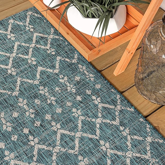 JONATHAN Y Moroccan Geometric Indoor Outdoor Area Rug 4X6 Teal/Gray, Ourika Textured Weave for Backyard, Patio, Porch, Easy-Cleaning, High Traffic, Pet-Friendly, Non-Shedding (SMB108C-4)