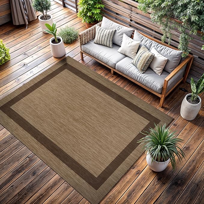 CAMILSON Outdoor Rug 8x10 - Modern Outside Rugs for Patios Porches Waterproof Durable Washable Non-Shedding, Easy-to-Clean Indoor Outdoor Area Carpet (8 x 10, Bordered - Jute)