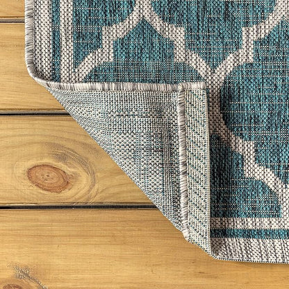 Eyely BMS109E-6SQ Santa Monica Trebol Moroccan Trellis Textured Weave, Pet Friendly, Non-Shedding, Stain Resistant, Easy-Cleaning, Teal/Gray, 6' Square, Indoor/Outdoor, Area Rug