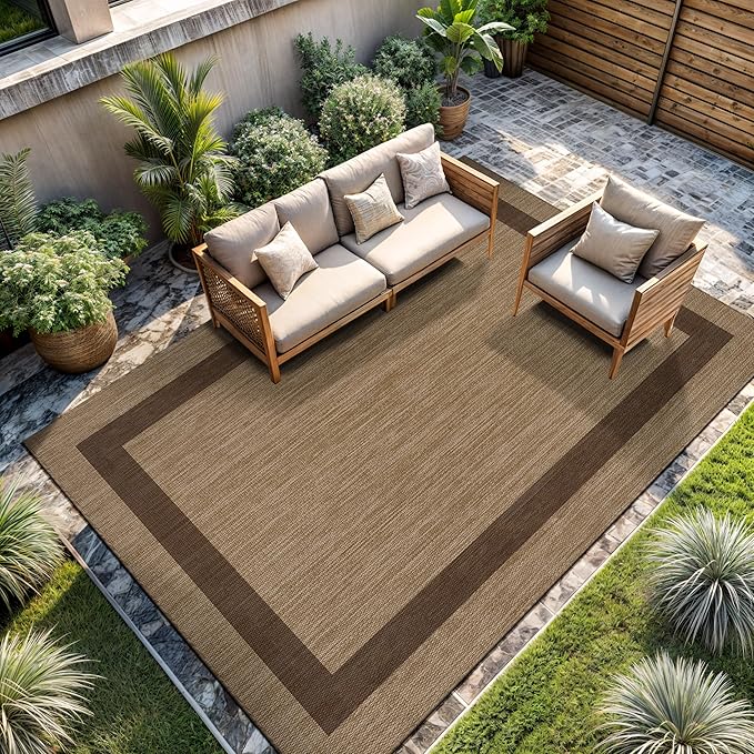 CAMILSON Outdoor Rug 10x14 - Large Modern Outside Rugs for Patios Porches Waterproof Durable Washable Non-Shedding, Easy-to-Clean Indoor Outdoor Area Carpet (10 x 14, Bordered - Jute)