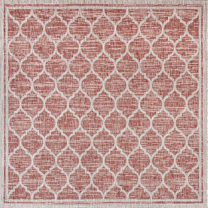 Eyely BMS109C-5SQ Santa Monica Trebol Moroccan Trellis Textured Weave Indoor/Outdoor Area Rug Coastal;Bohemian, Bedroom, Backyard, Patio, Easy-Cleaning, Non-Shedding, 5' Square, Red/Beige