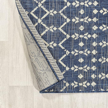 JONATHAN Y SMB108K-9R Ourika Moroccan Geometric Textured Weave Navy/Beige 9' Round Indoor/Outdoor Area Rug, Pet Friendly, Non-Shedding, Stain Resistant, Easy-Cleaning for Backyard, Patio, Porch