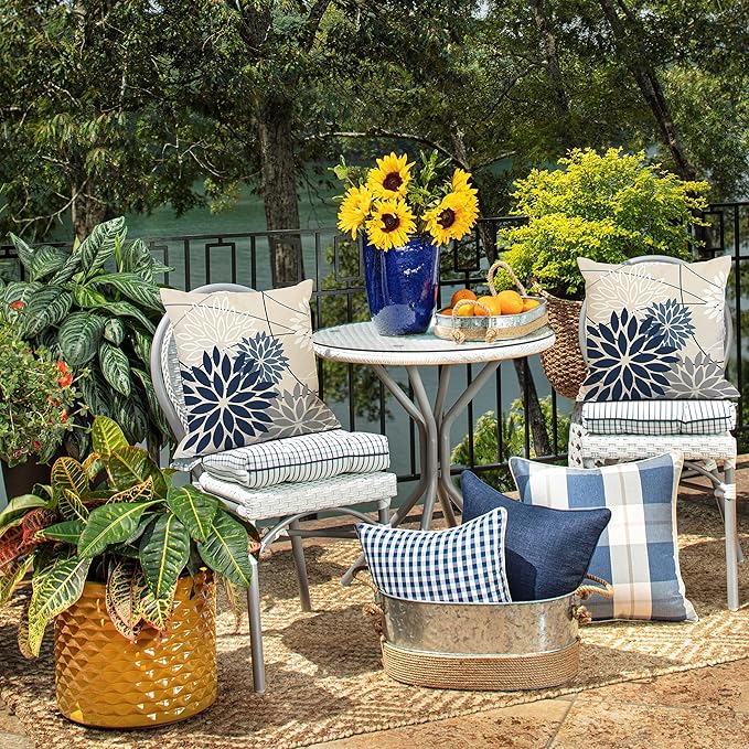 Blue and Gray Floral Pillow Covers 24x24 Set of 2 Outdoor Waterproof White Colored Decorative Throw Pillows Summer Pillowcase Polyester Cushion Case Decor for Couch Patio Funiture Garden Porch 01B24