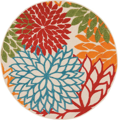 Nourison Aloha Indoor/Outdoor Green 5'3'' x Round Area-Rug, Tropical, Botanical, Easy-Cleaning, Non Shedding, Bed Room, Living Room, Dining Room, Deck, Backyard, Patio (5 Round)