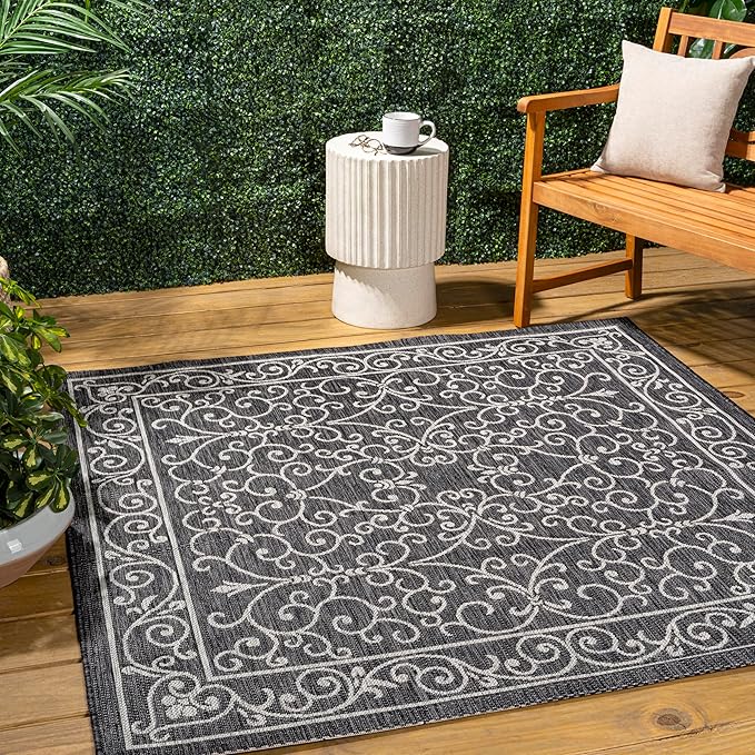 JONATHAN Y SMB106G-5SQ Charleston Vintage Filigree Textured Weave Black/Gray 5' Square Indoor/Outdoor Area Rug, Pet Friendly, Non-Shedding, Stain Resistant, Easy-Cleaning for Backyard, Patio, Porch