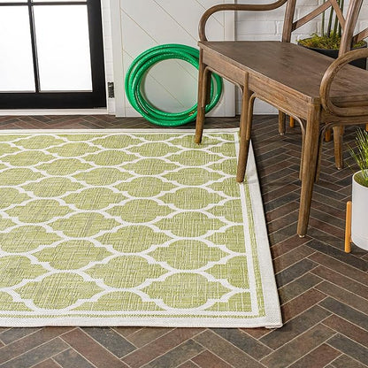 Eyely BMS109G-5 Santa Monica Trebol Moroccan Trellis Textured Weave Indoor/Outdoor Area Rug Coastal;Bohemian, Bedroom, Backyard, Patio, Easy-Cleaning, Non-Shedding, 5 X 8, Green/Cream
