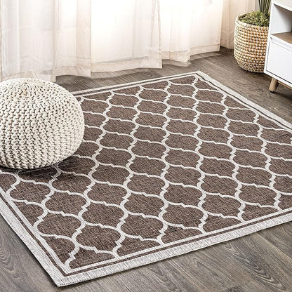 Eyely BMS109B-6SQ Santa Monica Trebol Moroccan Trellis Textured Weave, Pet Friendly, Non-Shedding, Stain Resistant, Easy-Cleaning, Espresso/Taupe, 6' Square, Indoor/Outdoor, Area Rug